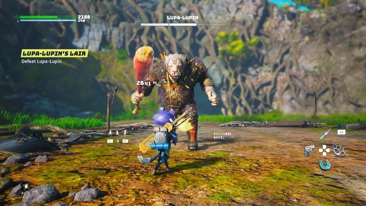 W drugiej fazie pojedynku Lupa-Lupin odrzuci tasak i sięgnie po inną broń, sporych rozmiarów kawał mięsa - Biomutant: Lupa-Lupin, 1 starcie - jak pokonać? - Biomutant - poradnik do gry