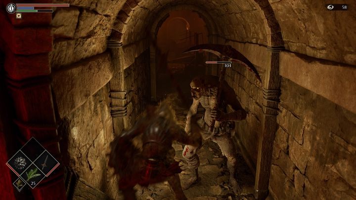 Wejdźcie po schodach na górę, uważajcie jednak na jednego z wrogów dzierżących kilof, który znajduje się w ciasnym korytarzu - Demons Souls Remake: Kuźnie (2-1) - solucja, opis przejścia - Demons Souls Remake - poradnik do gry