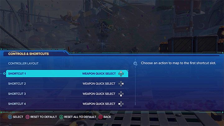 W jednej z zakładek ustawień sterowania znajdziecie menu dostosowania działania skrótów - chodzi tu o 4 funkcje powiązane z przyciskami na krzyżaku pada DualSense - Ratchet & Clank Rift Apart: Sterowanie - Ratchet & Clank Rift Apart - poradnik do gry