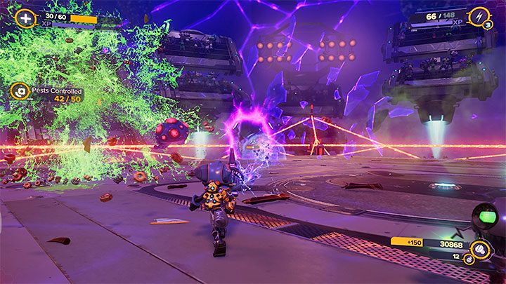 Złota śrubka jest nagrodą za zaliczenie rundy Zwalczanie szkodników (Pest Control) wchodzącej w skład srebrnego pucharu (Silver Cup) - Ratchet & Clank Rift Apart: Chmura Szczątków Scarstu - znajdźki, lista, mapa - Ratchet & Clank Rift Apart - poradnik do gry