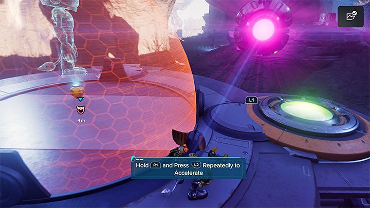 Musicie rozpocząć pościg z wykorzystaniem lotobutów, w trakcie którego rozglądajcie się za rampami do wybicia się - Ratchet & Clank Rift Apart: Savali - znajdźki, lista wszystkich, mapa - Ratchet & Clank Rift Apart - poradnik do gry