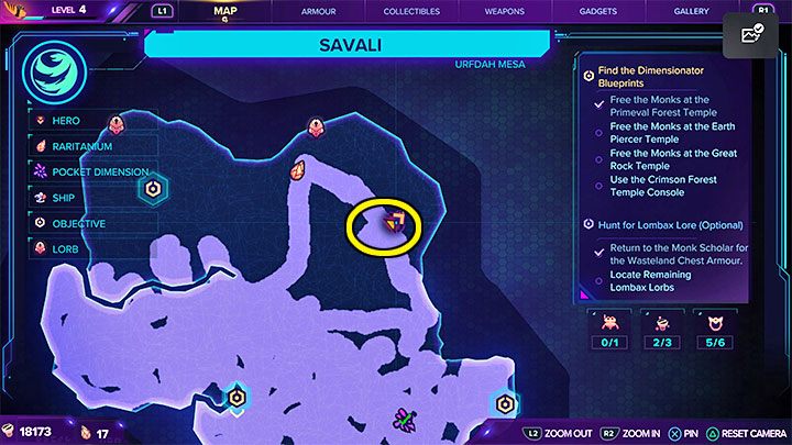 Zainteresujcie się obszarem z powyższych obrazków zlokalizowanym na południe od ikony szpiegobota - Ratchet & Clank Rift Apart: Savali - znajdźki, lista wszystkich, mapa - Ratchet & Clank Rift Apart - poradnik do gry