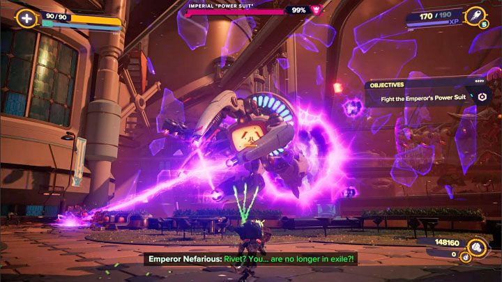 Najważniejszą informacją jest to, że nie próbujcie celować w wielką maszynę widoczną w tle - Ratchet & Clank Rift Apart: Imperator Nefarious, Finałowy boss - jak pokonać? - Ratchet & Clank Rift Apart - poradnik do gry