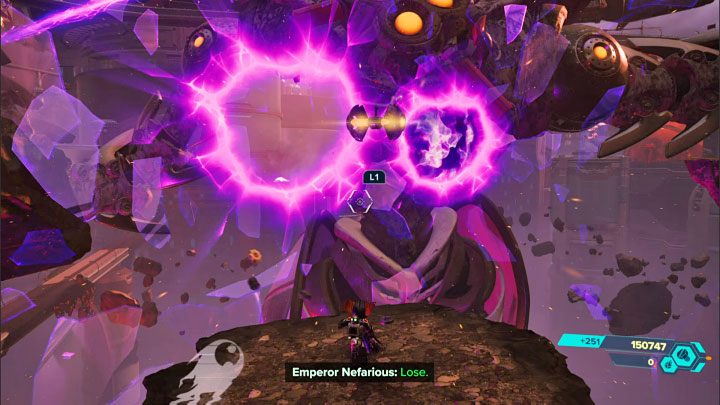 Musicie na przemian atakować oczy bossa oraz nowe monitory aż jego pasek zdrowia spadnie do 0% - Ratchet & Clank Rift Apart: Imperator Nefarious, Finałowy boss - jak pokonać? - Ratchet & Clank Rift Apart - poradnik do gry