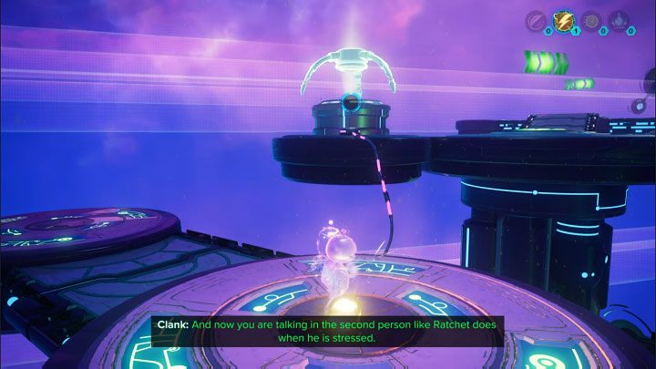 Zacznijcie od wykonania podwójnego skoku nad przepaścią żeby wylądować na półce z elektryczną sferą (Electric Sphere) - Ratchet & Clank Rift Apart: Clank, Powrót na Savali - rozwiązania zagadek, lista - Ratchet & Clank Rift Apart - poradnik do gry