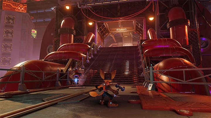 Liniowa ścieżka doprowadzi bohatera do wejścia do fabryki - Ratchet & Clank Rift Apart: Eksploracja targowiska i fabryki - solucja - Ratchet & Clank Rift Apart - poradnik do gry