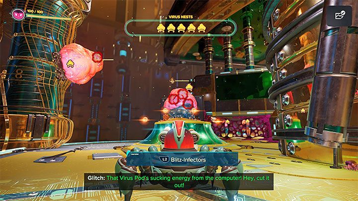 Atakujcie z dużej odległości zwykłych przeciwników i rozglądajcie się za gniazdami wirusów (Virus Nests) - Ratchet & Clank Rift Apart: Zbadanie posągu Nefariousa - solucja - Ratchet & Clank Rift Apart - poradnik do gry
