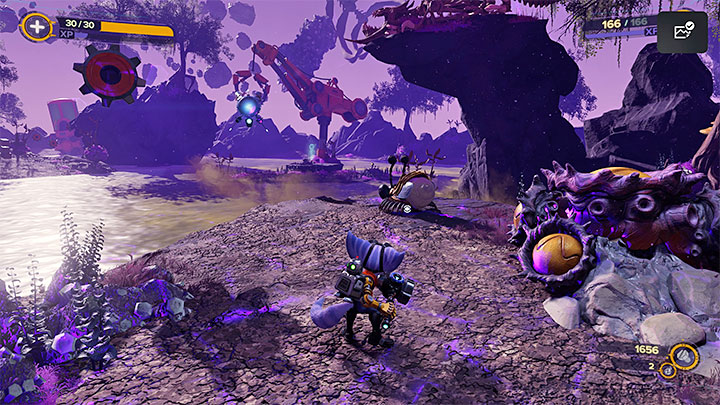W nowym wymiarze zainteresujcie się odnalezieniem gniazda chyżuków - uderzcie w nie bronią białą żeby wypłoszyć jednego z chyżuków - Ratchet & Clank Rift Apart: Bagna i dotarcie do fabryki Mortów - solucja - Ratchet & Clank Rift Apart - poradnik do gry