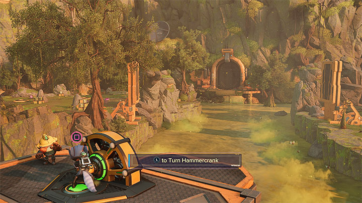 Po walkach zainteresujcie się pokazanym na obrazku miejscem użycia korby - Ratchet & Clank Rift Apart: Zbadanie anomalii, kryjówka Rivet - solucja - Ratchet & Clank Rift Apart - poradnik do gry