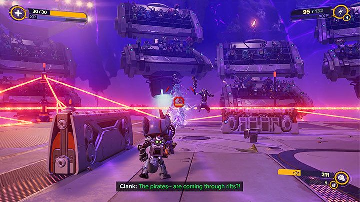 Zostaniecie przeniesieni na arenę i w trakcie tej konkretnej bitwy możecie korzystać ze wszystkich broni, które posiadaliście w momencie dotarcia do Gastropubu - Ratchet & Clank Rift Apart: Pokonanie potworów i Francois na arenie - solucja - Ratchet & Clank Rift Apart - poradnik do gry