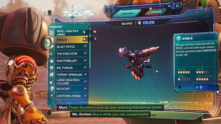 Po tym jak odnajdziecie wszystkich 10 szpiegobotów musicie spotkać się z Panią Zurkon, czyli z handlarką ze świata gry - Ratchet & Clank Rift Apart: ŻUBR/RYNO, broń ostateczna - lista szpiegobotów - Ratchet & Clank Rift Apart - poradnik do gry