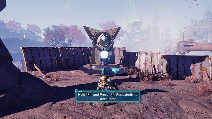 Odbicie się z dużą prędkością z rampy pozwoli Wam dolecieć do wysoko położonej półki z ołtarzem - Ratchet & Clank Rift Apart: Zdobycie wiedzy lombaków - solucja, kapliczki - Ratchet & Clank Rift Apart - poradnik do gry