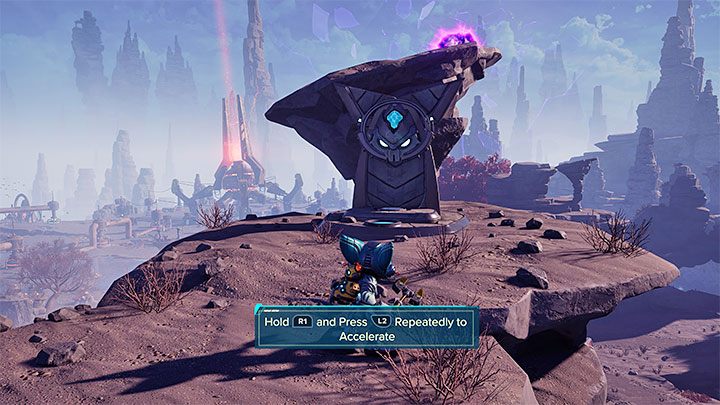 Będąc w locie przyciągnijcie się do zaznaczonej na obrazku 1 szczeliny - Ratchet & Clank Rift Apart: Zdobycie wiedzy lombaków - solucja, kapliczki - Ratchet & Clank Rift Apart - poradnik do gry