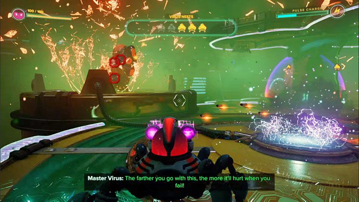 Podczas radzenia sobie z gniazdami musicie uważać na ostrzał ze strony działek, jak również na małe wirusy - Ratchet & Clank Rift Apart: Główny wirus, scena Usterki - jak pokonać? - Ratchet & Clank Rift Apart - poradnik do gry