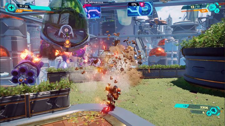 Jeśli odniesiecie obrażenia, to na arenie możecie odnajdywać skrzynki ze zdrowiem - Ratchet & Clank Rift Apart: Doktor Nefarious, Prolog, Corson V - jak pokonać? - Ratchet & Clank Rift Apart - poradnik do gry