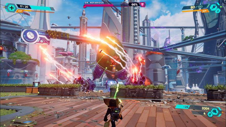 W dalszych fazach bitwy Doktor Nefarious zacznie stosować ostrzały rakietowe - Ratchet & Clank Rift Apart: Doktor Nefarious, Prolog, Corson V - jak pokonać? - Ratchet & Clank Rift Apart - poradnik do gry