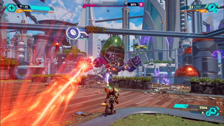 Innym nowym atakiem Nefariousa w dalszej części pojedynku będzie duża wiązka lasera podążająca za Ratchetem - Ratchet & Clank Rift Apart: Doktor Nefarious, Prolog, Corson V - jak pokonać? - Ratchet & Clank Rift Apart - poradnik do gry