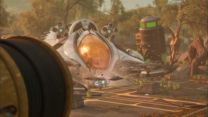 Udane trafienie w stabilizator lotu doprowadzi do wyświetlenia scenki przerywnikowej z awaryjnego lądowania troponogi - Ratchet & Clank Rift Apart: Troponoga, Sargasso - jak pokonać bossa? - Ratchet & Clank Rift Apart - poradnik do gry