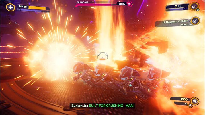 Równolegle do unikania ostrzału moździerzowego uważajcie na płomienie załączające się co jakiś czas na arenie - Ratchet & Clank Rift Apart: Francois, Chmura Szczątków Scarstu - jak pokonać? - Ratchet & Clank Rift Apart - poradnik do gry