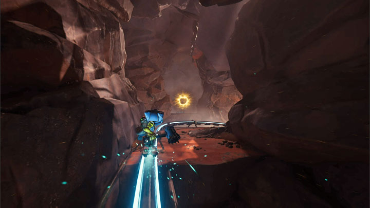 Podczas przejażdżki przez kopalnie skorzystajcie z kolejnej ściany do biegania i przeskoczcie na prawą szynę - Ratchet & Clank Rift Apart: Ucieczka przed Naprawiaczem - solucja - Ratchet & Clank Rift Apart - poradnik do gry
