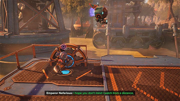 Po dotarciu do jednej z kolejnych metalowych platform konieczne okaże się wejście w interakcję z korbą - Ratchet & Clank Rift Apart: Ochrona Mortów i uwolnienie Troponogi - solucja - Ratchet & Clank Rift Apart - poradnik do gry