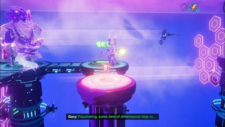 Nie ruszajcie się z płyty naciskowej dopóki okoliczna platforma nie obniży się - Ratchet & Clank Rift Apart: Ochrona Mortów i uwolnienie Troponogi - solucja - Ratchet & Clank Rift Apart - poradnik do gry
