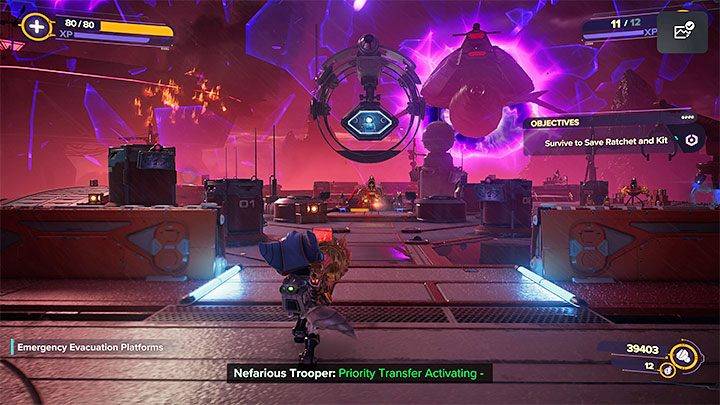 Dotrzecie do obszaru z platformami ewakuacyjnymi (Emergency Evacuation Platforms) otoczonego ze wszystkich stron wodą - Ratchet & Clank Rift Apart: Podążanie za celą - solucja - Ratchet & Clank Rift Apart - poradnik do gry