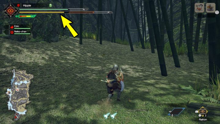 Pasek wytrzymałości znajduje się w lewym górnym rogu ekranu, tuż pod paskiem zdrowia - Monster Hunter Rise: Wytrzymałość - jak zwiększyć? - Monster Hunter Rise - poradnik do gry