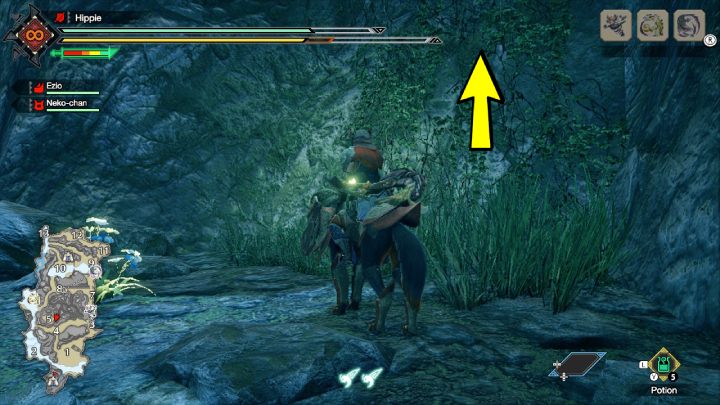 Następnie skręćcie w lewp i podążajcie wzdłuż skały i lampionów, aż dojdziecie do końca drogi - Monster Hunter Rise: Śnieżnolicy lis - jak znaleźć? - Monster Hunter Rise - poradnik do gry