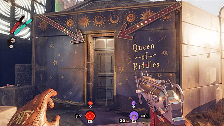 Podczas eksploracji dzielnicy Zatoka Karla możecie natrafić na pokazany na obrazku budynek z napisem Queen of Riddles - Deathloop: Yerhva - jak zaliczyć quiz? - Deathloop - poradnik do gry