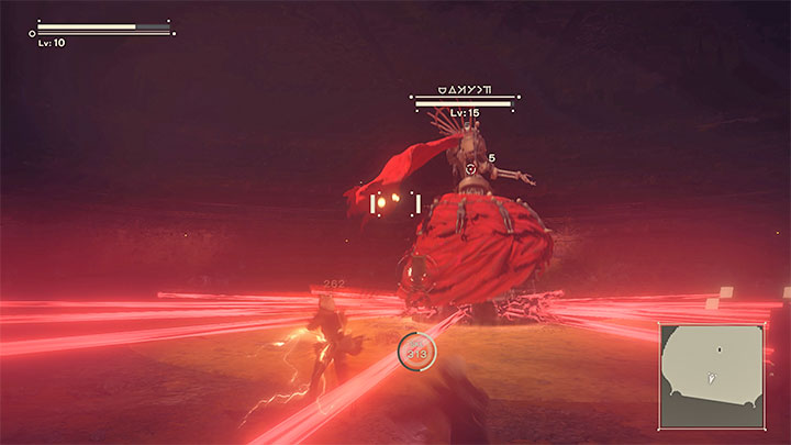 Dosyć problematycznym atakiem bossa są obracające się czerwone lasery - NieR Automata: 4 Rozdział, Route A - solucja, opis przejścia - NieR Automata - poradnik do gry