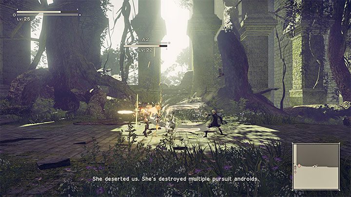 Do atakowania A2 możecie używać broni białej oraz broni dystansowej - w tym drugim przypadku nie zapomnijcie o opcji zablokowania kamery na bossie - NieR Automata: 6 Rozdział, Route A - solucja, opis przejścia - NieR Automata - poradnik do gry