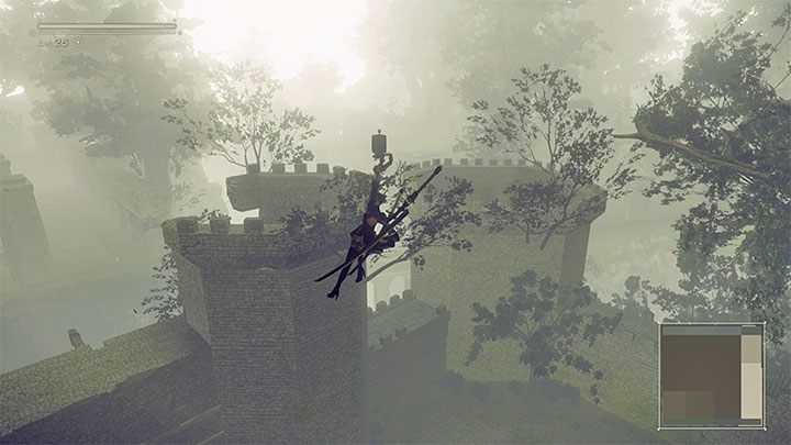 Sami również możecie pobiec w lewo i wykonać daleki skok, przy czym nie zapomnijcie przytrzymać przycisku skoku żeby aktywować swobodne opadanie - NieR Automata: 6 Rozdział, Route A - solucja, opis przejścia - NieR Automata - poradnik do gry