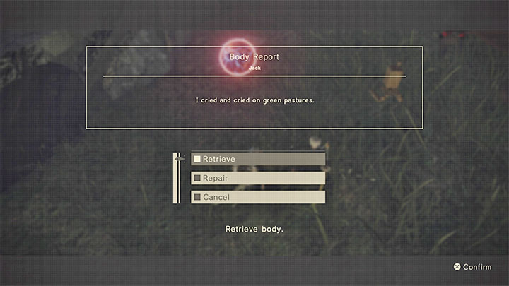 Jeśli udało się Wam zbliżyć do ciała i wejść w interakcję z nim, to pojawią się opcje - NieR Automata: Śmierć i jej konsekwencje - NieR Automata - poradnik do gry