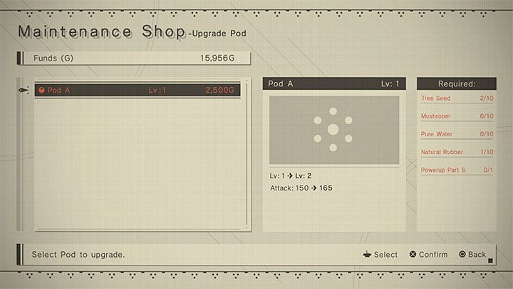 Pody można i warto ulepszać i pierwszym NPC-em oferującym tego typu usługi jest Maintenance Shop Owner z obozu Resistance Camp - NieR Automata: Rozwój postaci i podów - NieR Automata - poradnik do gry