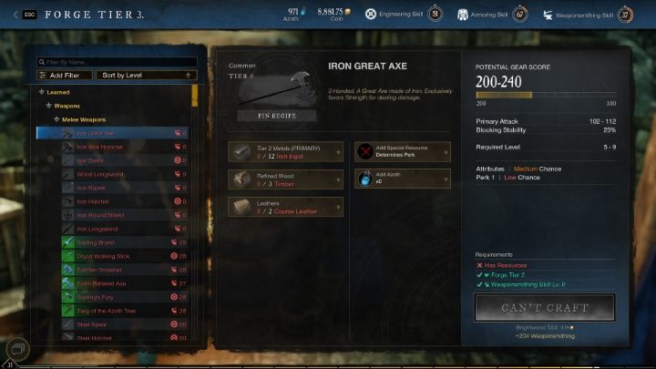 Sposobem na szybkie rozwijanie Kucia broni w New World jest tworzenie Słabych osełek (Weak Honing Stone) dostępnych od 20 poziomu umiejętności oraz Żelaznych toporów dwuręcznych (Iron Great Axe) - New World: Kucie broni - rzemiosło (crafting) - New World - poradnik do gry