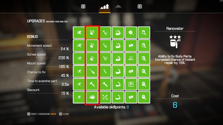 Развивая навыки своего персонажа, сосредоточьтесь на способности Renovator, которая позволяет ремонтировать другие типы деталей - Car Mechanic Simulator 2021: Советы по запуску - Руководство по игре Car Mechanic Simulator 2021