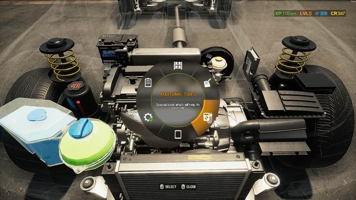 Выберите Дополнительные инструменты в меню колеса - Car Mechanic Simulator 2021: Диагностика неисправностей - Руководство по игре Car Mechanic Simulator 2021