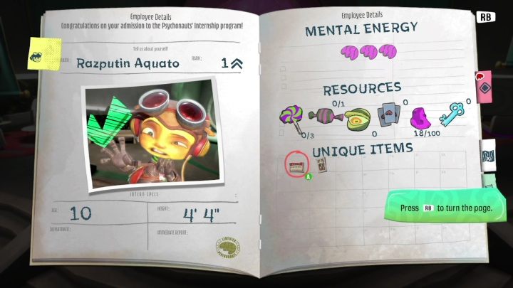 Dostaniecie dostęp do dziennika, w którym znajdziecie nazwy misji, cele, informacje o stanie bohatera, ilość znajdziek itp - Psychonauts 2: The Motherlobe solucja, opis przejścia - Psychonauts 2 - poradnik do gry