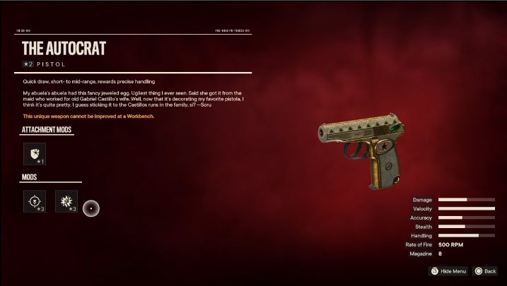 Cechy specjalne: Autokrata to pistolet, który od startu posiada takie modyfikacje jak - Far Cry 6: Najlepsze bronie - lista - Far Cry 6 - poradnik do gry