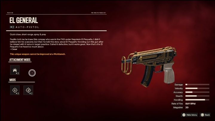 Cechy specjalne: El General to pistolet samopowtarzalny, który od startu posiada takie modyfikacje jak - Far Cry 6: Najlepsze bronie - lista - Far Cry 6 - poradnik do gry