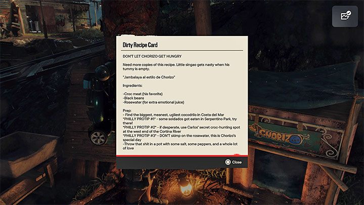Notatka (Dirty Recipe Card) przyczepiona jest do ściany obok miejsca rozpoczęcia tej operacji - Far Cry 6: Kto jest dobrym pieskiem (Whos a Good Boy) - solucja, opis przejścia - Far Cry 6 - poradnik do gry
