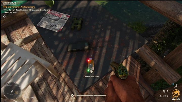 USB znajdziecie na metalowym stoliku, na tarasie jednego z drewnianych domów - Far Cry 6: Piosenki z Pendriveów - lista wszystkich, lokalizacja - Far Cry 6 - poradnik do gry