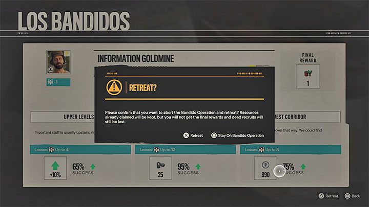 Если вы видите, что ваши дела идут плохо или хотите ограничить убытки, связанные с текущими неблагоприятными вариантами, вы можете преждевременно завершить каждую операцию, выбрав вариант отказа - Far Cry 6: Operations Los Bandidos - Far Cry 6 - Руководство по игре