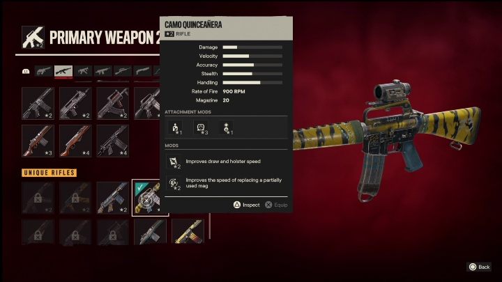 Cechy specjalne: Camo Quinceanera to karabin, który od startu posiada takie modyfikacje jak - Far Cry 6: Karabiny, Unikalne bronie - lista - Far Cry 6 - poradnik do gry