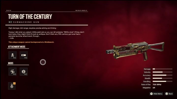 Cechy specjalne: Przełom wieku to pistolet maszynowy, który od startu posiada takie modyfikacje jak - Far Cry 6: Pistolety maszynowe, Unikalne bronie - lista - Far Cry 6 - poradnik do gry