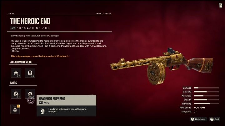 Cechy specjalne: Bohaterski koniec to pistolet maszynowy, który od startu posiada takie modyfikacje jak - Far Cry 6: Pistolety maszynowe, Unikalne bronie - lista - Far Cry 6 - poradnik do gry