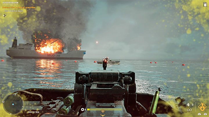 Podczas nowej sceny ucieczki korzystajcie z działka zamontowanego na łódce, przy czym zamiast atakowania samolotów tym razem skupiajcie się na ostrzeliwaniu innych łodzi - Far Cry 6: Nowa rewolucja (The New Revolution) - solucja, opis przejścia - Far Cry 6 - poradnik do gry