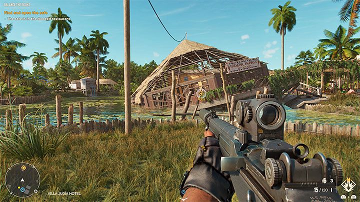 Wyruszcie teraz do pokazanego na obrazku przekrzywionego budynku kompleksu hotelowego, którego znaczna część znajduje się pod wodą - Far Cry 6: Równowaga finansowa (Balance the Books) - solucja, opis przejścia - Far Cry 6 - poradnik do gry