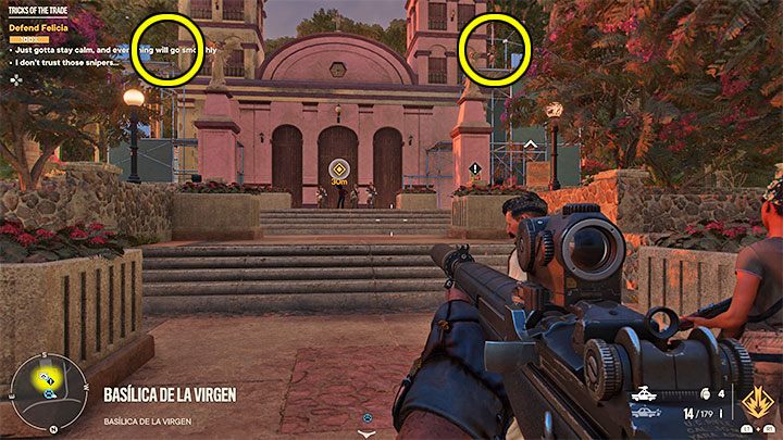 Zgodnie z otrzymanym ostrzeżeniem musicie spodziewać się realnego zagrożenia ze strony snajperów okupujących górne balkoniki - Far Cry 6: Sztuczki zawodowców (Tricks of the Trade) - solucja, opis przejścia - Far Cry 6 - poradnik do gry